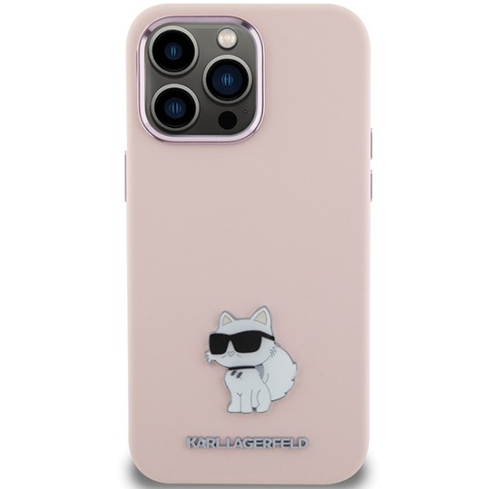 Husa pentru iPhone 15 Pro - Karl Lagerfeld Silicone (KLHCP15LSMHCNPP) - Pink Choupette Metal Pin