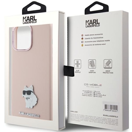 Husa pentru iPhone 15 Pro - Karl Lagerfeld Silicone (KLHCP15LSMHCNPP) - Pink Choupette Metal Pin