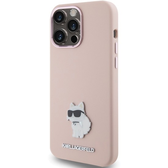 Husa pentru iPhone 15 Pro - Karl Lagerfeld Silicone (KLHCP15LSMHCNPP) - Pink Choupette Metal Pin