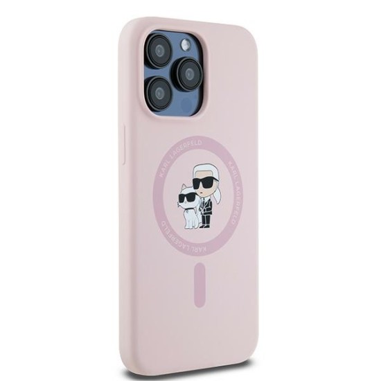 Husa pentru iPhone 15 Pro - Karl Lagerfeld Silicone MagSafe (KLHMP15LSCMKCRHP) - Pink Karl&Choupette