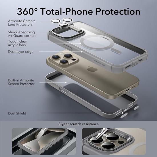 Husa pentru iPhone 15 Pro Max - ESR Shock Armor Kickstand HaloLock - Clear Grey