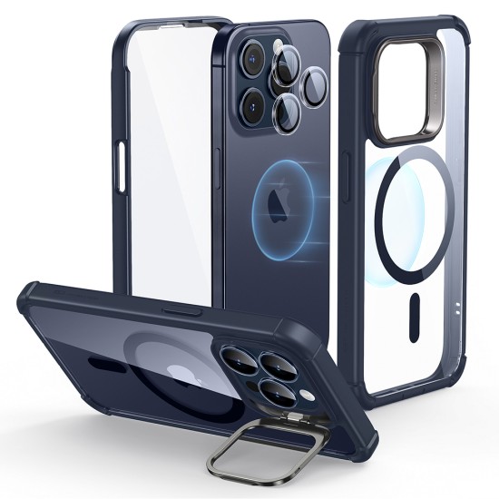 Husa pentru iPhone 15 Pro Max + Folie - ESR Armor Tough Kickstand HaloLock - Clear Dark Blue