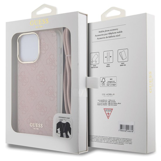 Husa pentru iPhone 15 Pro Max - Guess Crossbody Cord 4G Print (GUHCP15XHC4SEP) - Pink