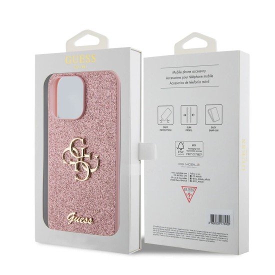 Husa pentru iPhone 15 Pro Max - Guess Glitter Script Big 4G (GUHCP15XHG4SGP) - Pink