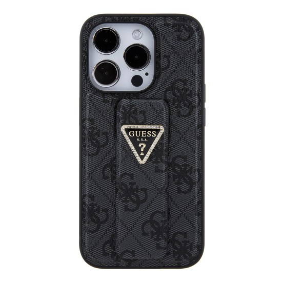 Husa pentru iPhone 15 Pro Max - Guess Grip Stand 4G Triangle Strass (GUHCP15XPGS4TDK) - Black