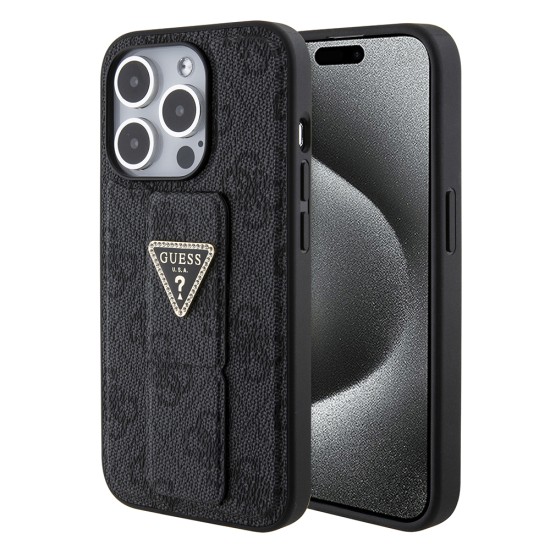 Husa pentru iPhone 15 Pro Max - Guess Grip Stand 4G Triangle Strass (GUHCP15XPGS4TDK) - Black