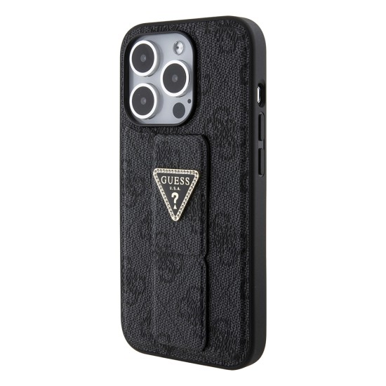 Husa pentru iPhone 15 Pro Max - Guess Grip Stand 4G Triangle Strass (GUHCP15XPGS4TDK) - Black