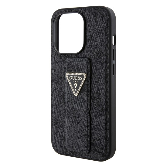 Husa pentru iPhone 15 Pro Max - Guess Grip Stand 4G Triangle Strass (GUHCP15XPGS4TDK) - Black