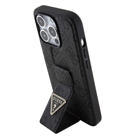 Husa pentru iPhone 15 Pro Max - Guess Grip Stand 4G Triangle Strass (GUHCP15XPGS4TDK) - Black