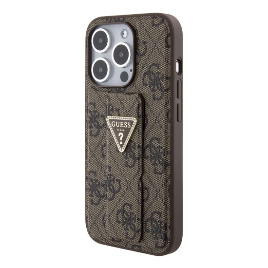 Husa pentru iPhone 15 Pro Max - Guess Grip Stand 4G Triangle Strass (GUHCP15XPGS4TDW) - Brown