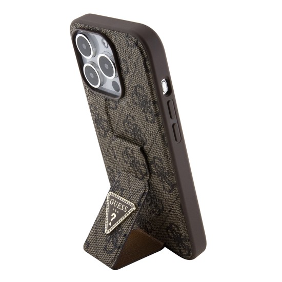 Husa pentru iPhone 15 Pro Max - Guess Grip Stand 4G Triangle Strass (GUHCP15XPGS4TDW) - Brown