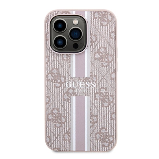 Husa pentru iPhone 15 Pro Max - Guess Hardcase 4G Printed Stripes MagSafe (GUHMP15XP4RPSP) - Pink