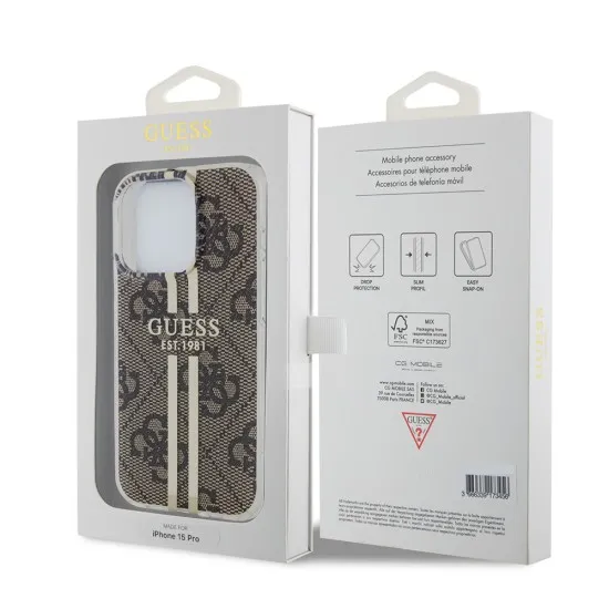 Husa pentru iPhone 15 Pro Max - Guess Hardcase IML 4G Gold Stripe (GUHCP15XH4PSEGW) - Brown Husa pentru iPhone 15 Pro Max - Guess Hardcase IML 4G Gold Stripe (GUHCP15XH4PSEGW) - Brown
