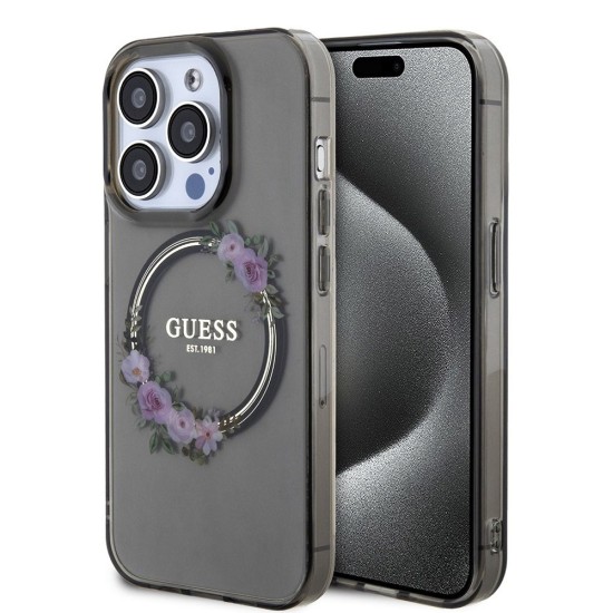 Husa pentru iPhone 15 Pro Max - Guess IML Flowers Wreath MagSafe (GUHMP15XHFWFCK) - Black