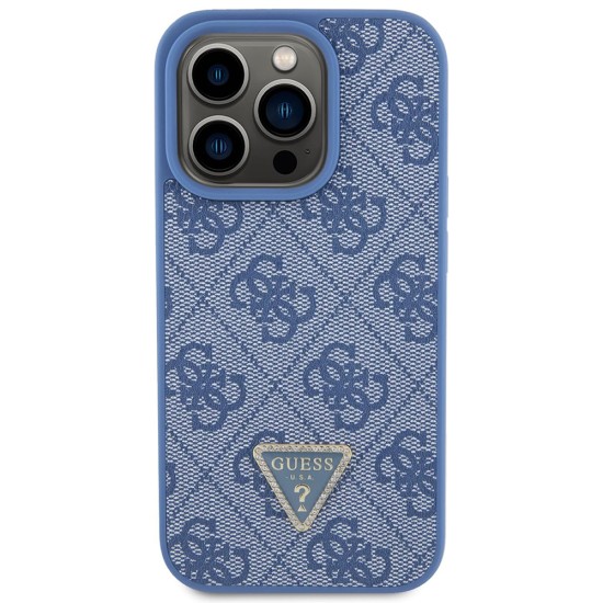 Husa pentru iPhone 15 Pro Max - Guess Leather 4G Triangle Strass (GUHCP15XP4TDPB) - Blue