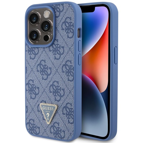 Husa pentru iPhone 15 Pro Max - Guess Leather 4G Triangle Strass (GUHCP15XP4TDPB) - Blue