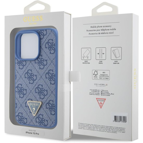 Husa pentru iPhone 15 Pro Max - Guess Leather 4G Triangle Strass (GUHCP15XP4TDPB) - Blue