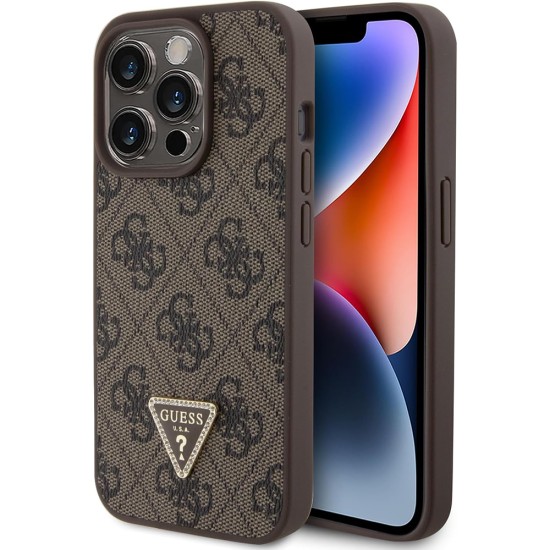 Husa pentru iPhone 15 Pro Max - Guess Leather 4G Triangle Strass (GUHCP15XP4TDPW) - Brown