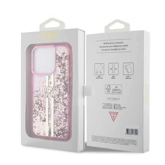 Husa pentru iPhone 15 Pro Max - Guess Liquid Glitter Gold Stripes (GUHCP15XLFCSEGP) - Pink