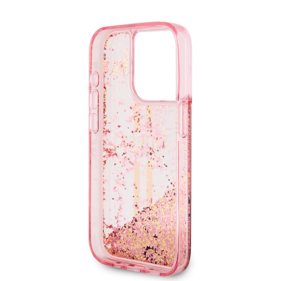 Husa pentru iPhone 15 Pro Max - Guess Liquid Glitter Gold Stripes (GUHCP15XLFCSEGP) - Pink