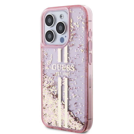 Husa pentru iPhone 15 Pro Max - Guess Liquid Glitter Gold Stripes (GUHCP15XLFCSEGP) - Pink