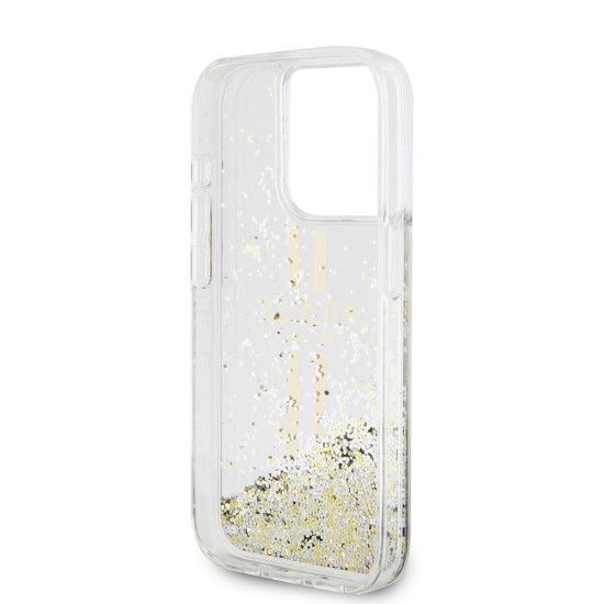 Husa pentru iPhone 15 Pro Max - Guess Liquid Glitter Gold Stripes (GUHCP15XLFCSEGT) - Transparent