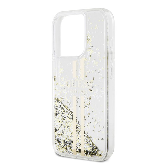 Husa pentru iPhone 15 Pro Max - Guess Liquid Glitter Gold Stripes (GUHCP15XLFCSEGT) - Transparent