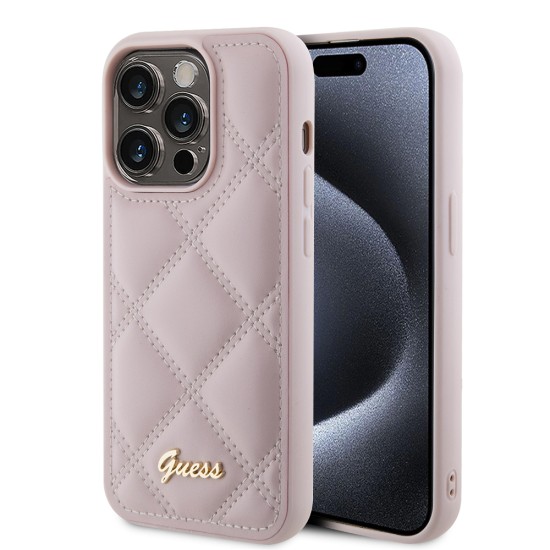 Husa pentru iPhone 15 Pro Max - Guess Quilted Metal Logo (GUHCP15XPSQSQSP) - Pink