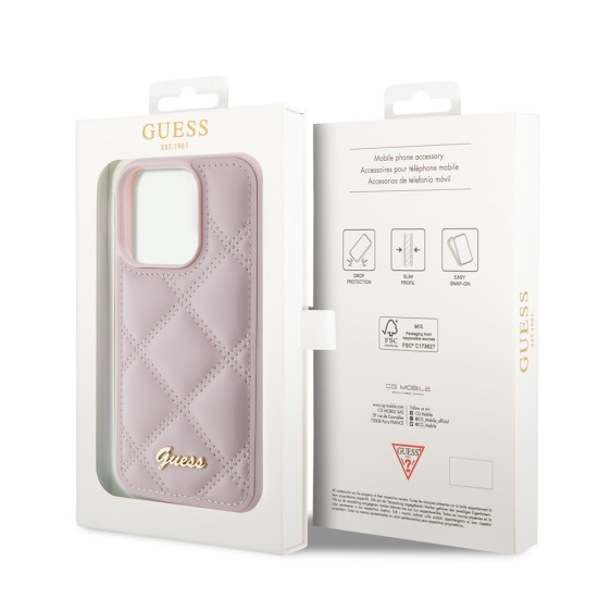 Husa pentru iPhone 15 Pro Max - Guess Quilted Metal Logo (GUHCP15XPSQSQSP) - Pink