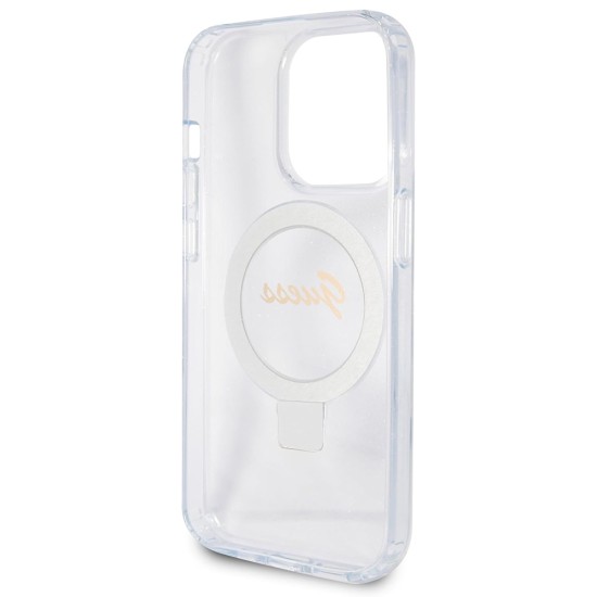 Husa pentru iPhone 15 Pro Max - Guess Ring Stand Script Glitter MagSafe (GUHMP15XHRSGSD) - Clear