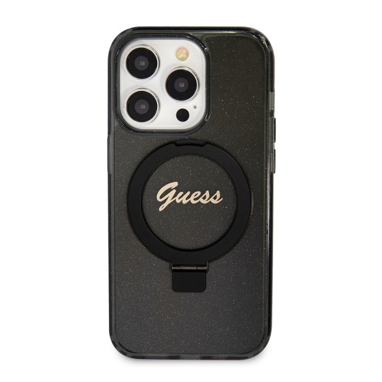 Husa pentru iPhone 15 Pro Max - Guess Ring Stand Script Glitter MagSafe (GUHMP15XHRSGSK) - Black