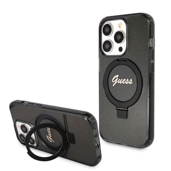 Husa pentru iPhone 15 Pro Max - Guess Ring Stand Script Glitter MagSafe (GUHMP15XHRSGSK) - Black