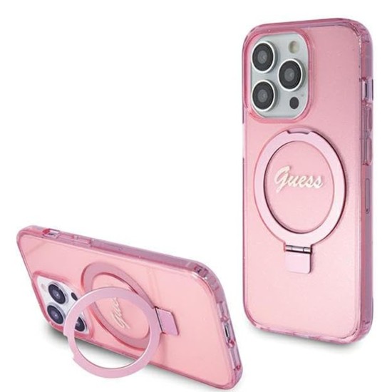 Husa pentru iPhone 15 Pro Max - Guess Ring Stand Script Glitter MagSafe (GUHMP15XHRSGSP) - Pink