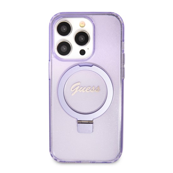 Husa pentru iPhone 15 Pro Max - Guess Ring Stand Script Glitter MagSafe (GUHMP15XHRSGSU) - Purple