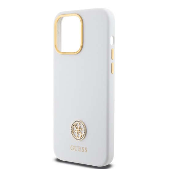 Husa pentru iPhone 15 Pro Max - Guess Silicone Logo Strass 4G (GUHCP15XM4DGPH) - White