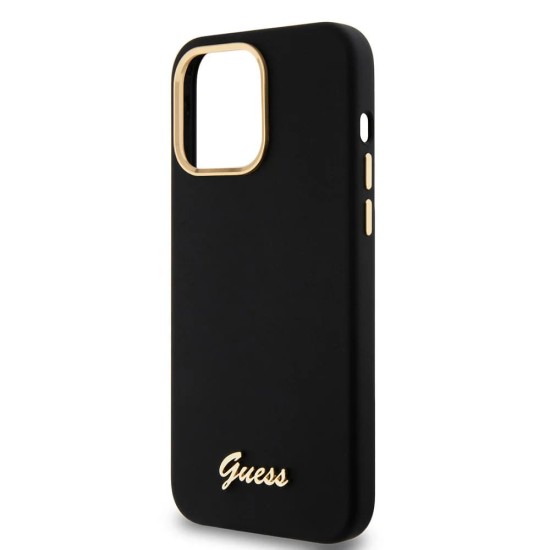 Husa pentru iPhone 15 Pro Max - Guess Silicone Script Metal Logo & Frame (GUHCP15XSMBSLK) - Black