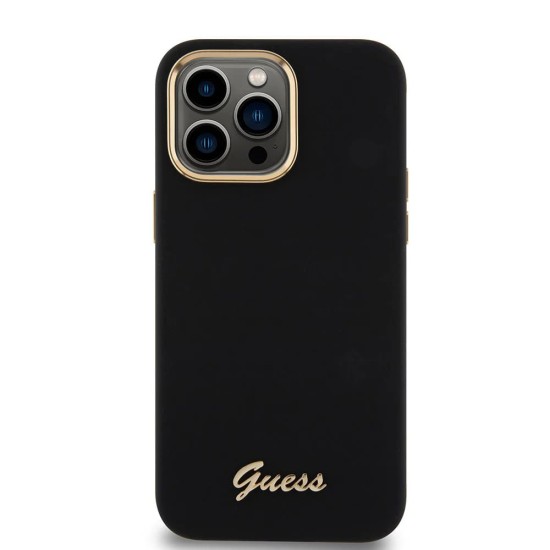 Husa pentru iPhone 15 Pro Max - Guess Silicone Script Metal Logo & Frame (GUHCP15XSMBSLK) - Black