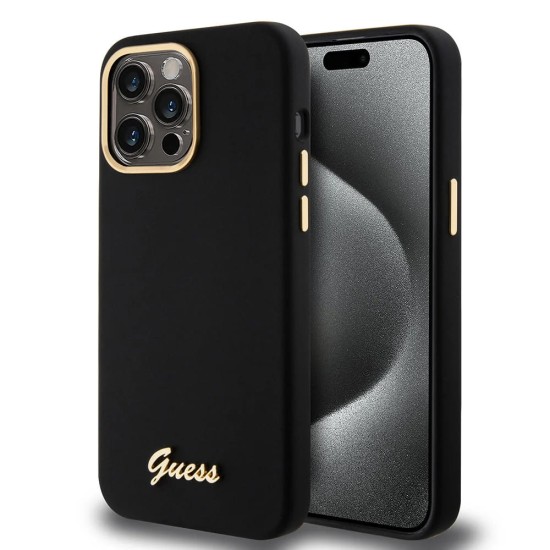 Husa pentru iPhone 15 Pro Max - Guess Silicone Script Metal Logo & Frame (GUHCP15XSMBSLK) - Black