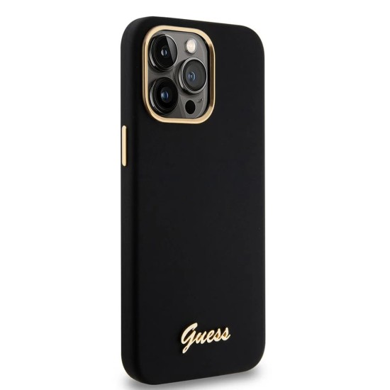 Husa pentru iPhone 15 Pro Max - Guess Silicone Script Metal Logo & Frame (GUHCP15XSMBSLK) - Black