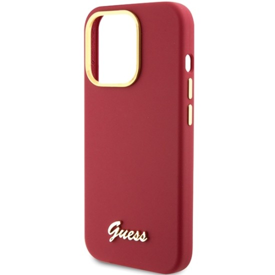 Husa pentru iPhone 15 Pro Max - Guess Silicone Script Metal Logo & Frame (GUHCP15XSMBSLM) - Red