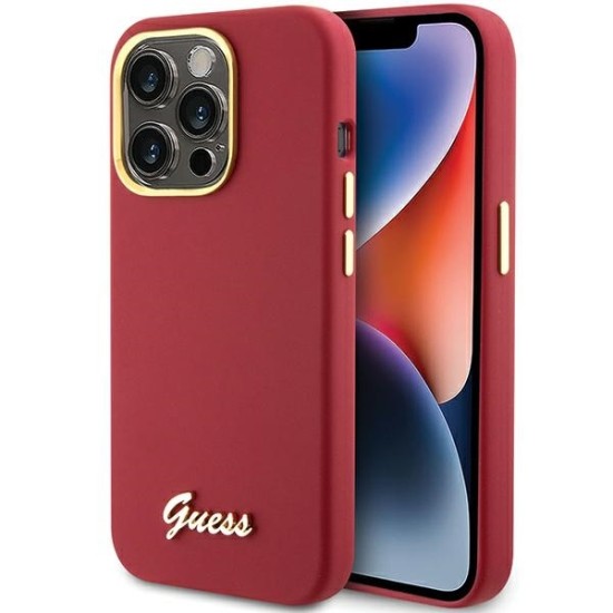 Husa pentru iPhone 15 Pro Max - Guess Silicone Script Metal Logo & Frame (GUHCP15XSMBSLM) - Red