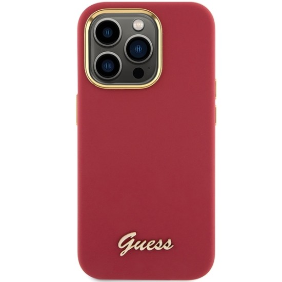 Husa pentru iPhone 15 Pro Max - Guess Silicone Script Metal Logo & Frame (GUHCP15XSMBSLM) - Red