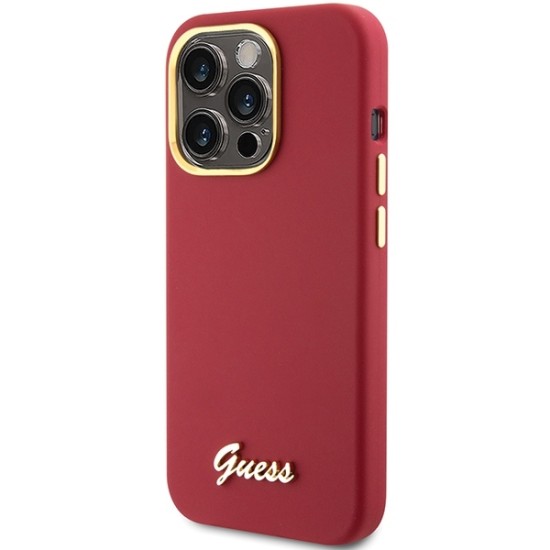 Husa pentru iPhone 15 Pro Max - Guess Silicone Script Metal Logo & Frame (GUHCP15XSMBSLM) - Red