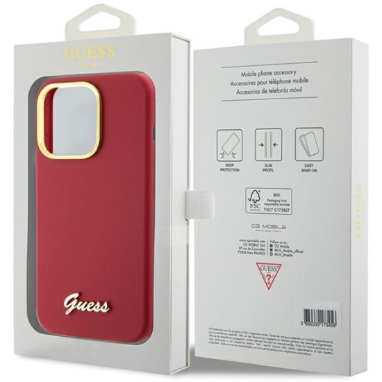 Husa pentru iPhone 15 Pro Max - Guess Silicone Script Metal Logo & Frame (GUHCP15XSMBSLM) - Red