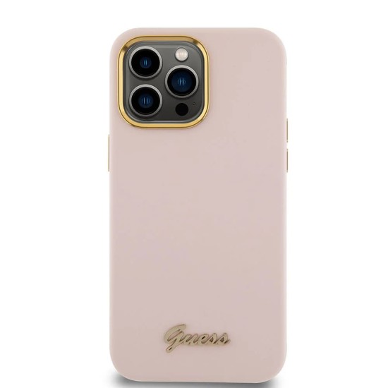 Husa pentru iPhone 15 Pro Max - Guess Silicone Script Metal Logo & Frame (GUHCP15XSMBSLP) - Light Pink