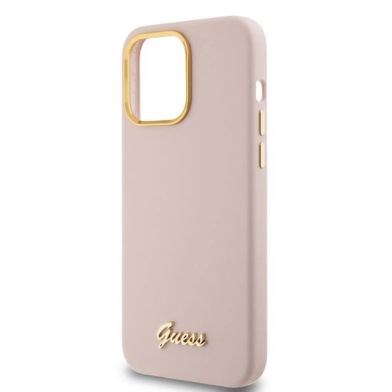 Husa pentru iPhone 15 Pro Max - Guess Silicone Script Metal Logo & Frame (GUHCP15XSMBSLP) - Light Pink