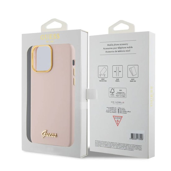 Husa pentru iPhone 15 Pro Max - Guess Silicone Script Metal Logo & Frame (GUHCP15XSMBSLP) - Light Pink