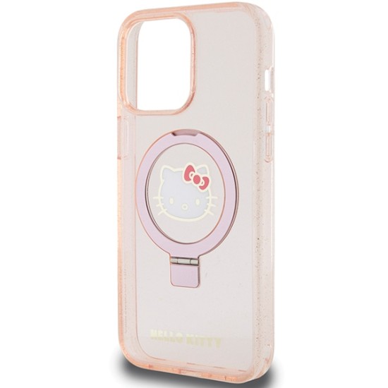 Husa pentru iPhone 15 Pro Max - Hello Kitty Hardcase Ring Stand Glitter Electrop Logo MagSafe (HKHMP15XHRSGEP) - Pink