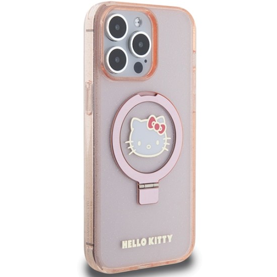 Husa pentru iPhone 15 Pro Max - Hello Kitty Hardcase Ring Stand Glitter Electrop Logo MagSafe (HKHMP15XHRSGEP) - Pink