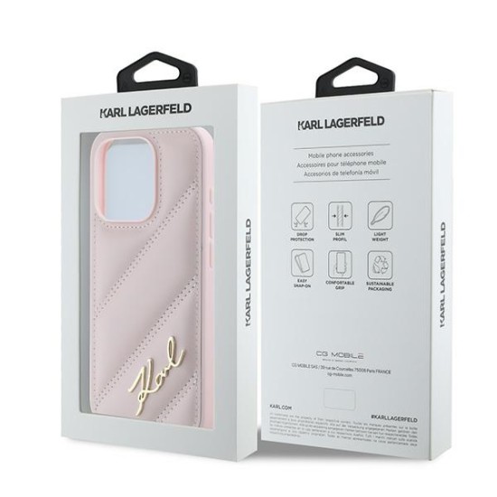 Husa pentru iPhone 15 Pro Max - Karl Lagerfeld Diagonal Quilted Script (KLHCP15XPQDSMGP) - Pink